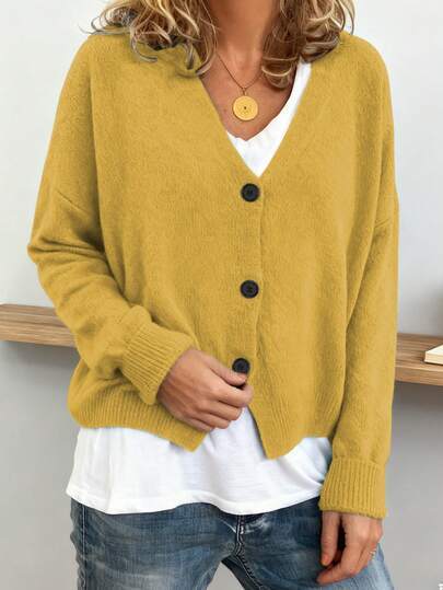 Women's Fashionable V-Neck Button-Up Cardigan Sweater, Casual Long Sleeve, Minimalist Style, Suitable For Outerwear, Relaxed & Rustic Vibe, Autumn/Winter