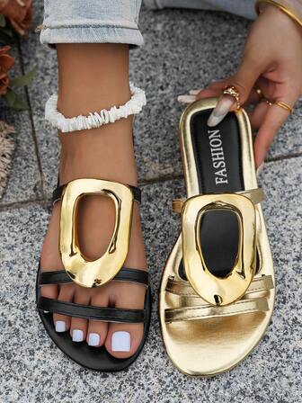 Nya damsandaler, platta rundtå-design, lätta och bekväma, dopaminfärg, exklusivt guldspänne, slip-on i ett stycke, vardagligt hem, vår/sommar utomhus, gatumode för stranden