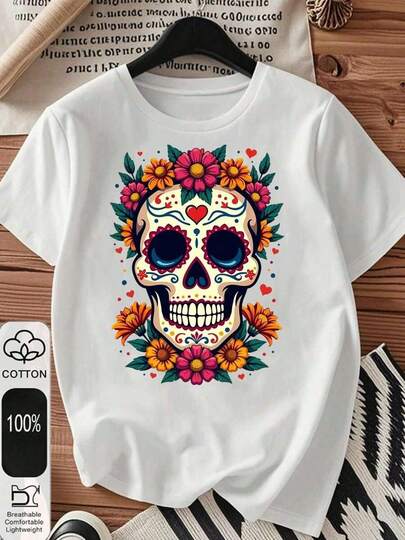 1pc blusas de mujer blusas bonitas para mujeres ropa de mujer conjuntos para mujer Camiseta algodón 180g negra y blanca calavera mexicana con flores estampado Catrina Día de Muertos algodón alta calidad cuello redondo corte básico holgado hombres y mujeres transpirable versátil lavable a máquina cómoda talla S~2XL diario casual deportes imprescindible verano