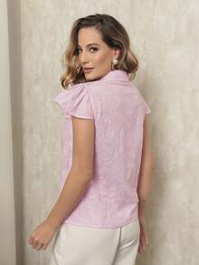 DUOUNO MODAS - WOMEN'S SHORT-SLEEVED BLOUSE/SHIRT WITH EMBROIDERED LACE AND FRONT RUFFLE - ELEGANT WOMEN'S CHRISTMAS BLOUSE - 淺粉色 - 查看 3