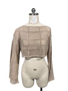 Plus Size Cropped Knitted Beach Cover Up Top, Hollow-Out Design, Summer Holiday - Brown - View 1