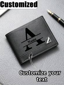 Men's Solid Color Letter Print Short Wallet, Made Of PU Leather, Minimalist Bifold Multi-Card Slots Design, Customizable, Ideal Gift For Brother, Father, Boyfriend, Anniversary, Father's Day, Christmas, Valentine's Day - Black - View 4