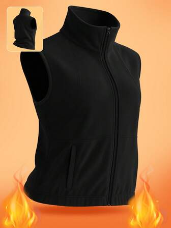Women's Autumn/Winter Sleeveless Sports Vest Jacket, Thermal Lined Stand Collar Zip-Up Loose Comfortable Design, Suitable For Fitness, Running, Outdoor, Commuting And Casual Wear