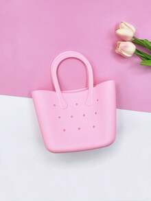 Women's Rubber DIY Tote Bag Portable Solid Color Handbag With Double Handles For Thanksgiving Gifts - Pink - View 4