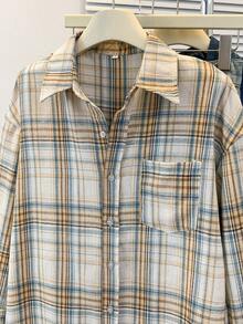 YUXIN 复古美式格子长袖衬衫，别致宽松休闲衬衫，带有设计细节，适合春秋季节