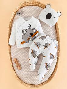 3pcs Newborn Baby Boy Casual Outfit Set - Cute Koala Print Button-Up Top, Simple Pants With Socks, And Hat