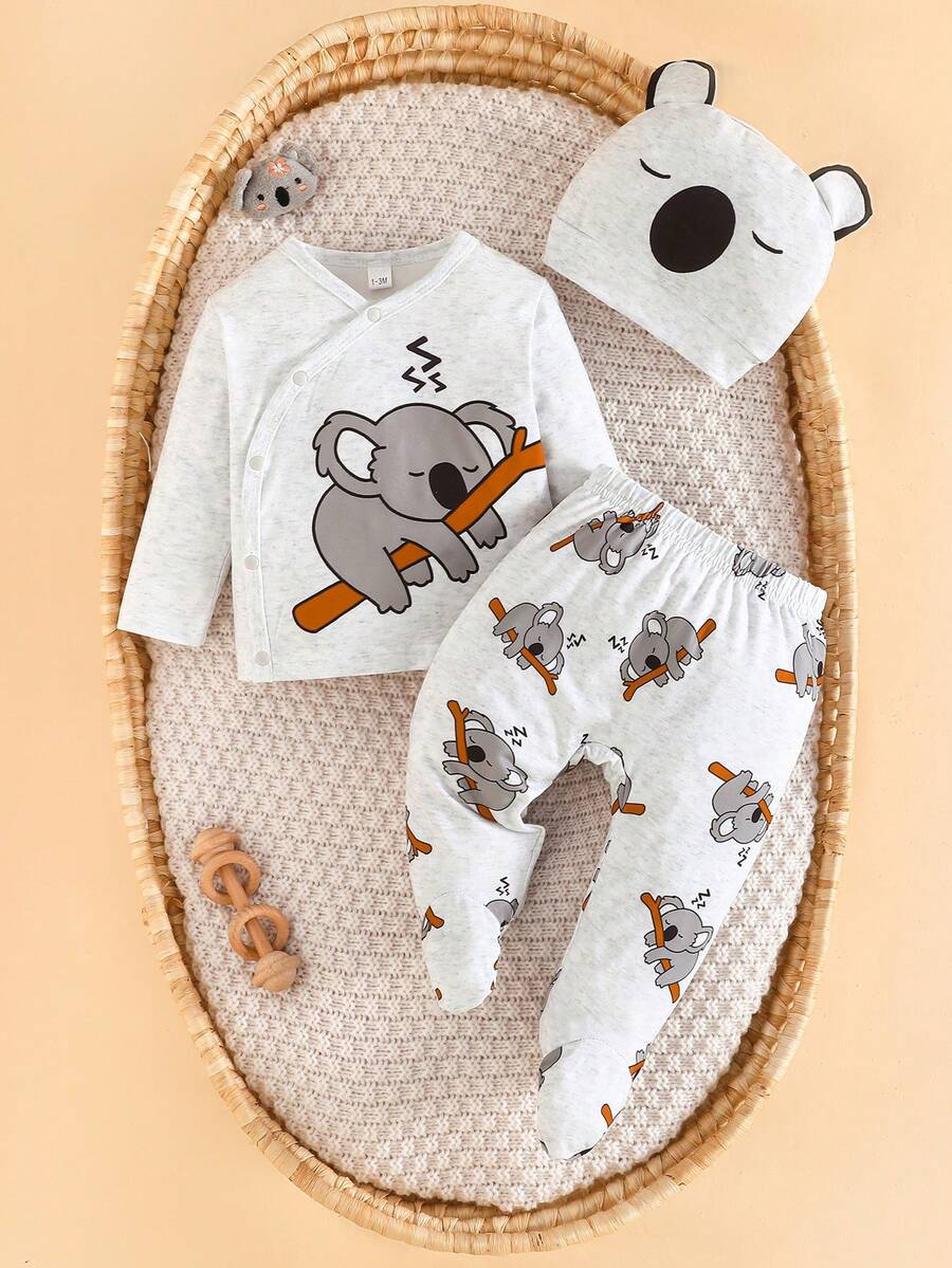 3pcs Newborn Baby Boy Casual Outfit Set - Cute Koala Print Button-Up Top, Simple Pants With Socks, And Hat