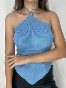 Cropped Ribbed Modal Women's Plain Halter Summer Tie Neck Knit Moura Tricot - Baby Blue - View 4