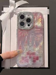 Funda de espejo para teléfono con estilo Ins de alta calidad, con castillo de fuegos artificiales rosas y carruaje con rhinestones, compatible con iPhone 16 Pro Max/ 15 Plus/ 14 Plus, con protección de lente de cobertura completa, compatible con iPhone 11/13 Pro/12 Pro Max, resistente al agua, a los golpes y a los arañazos - Rosa - Ver 3