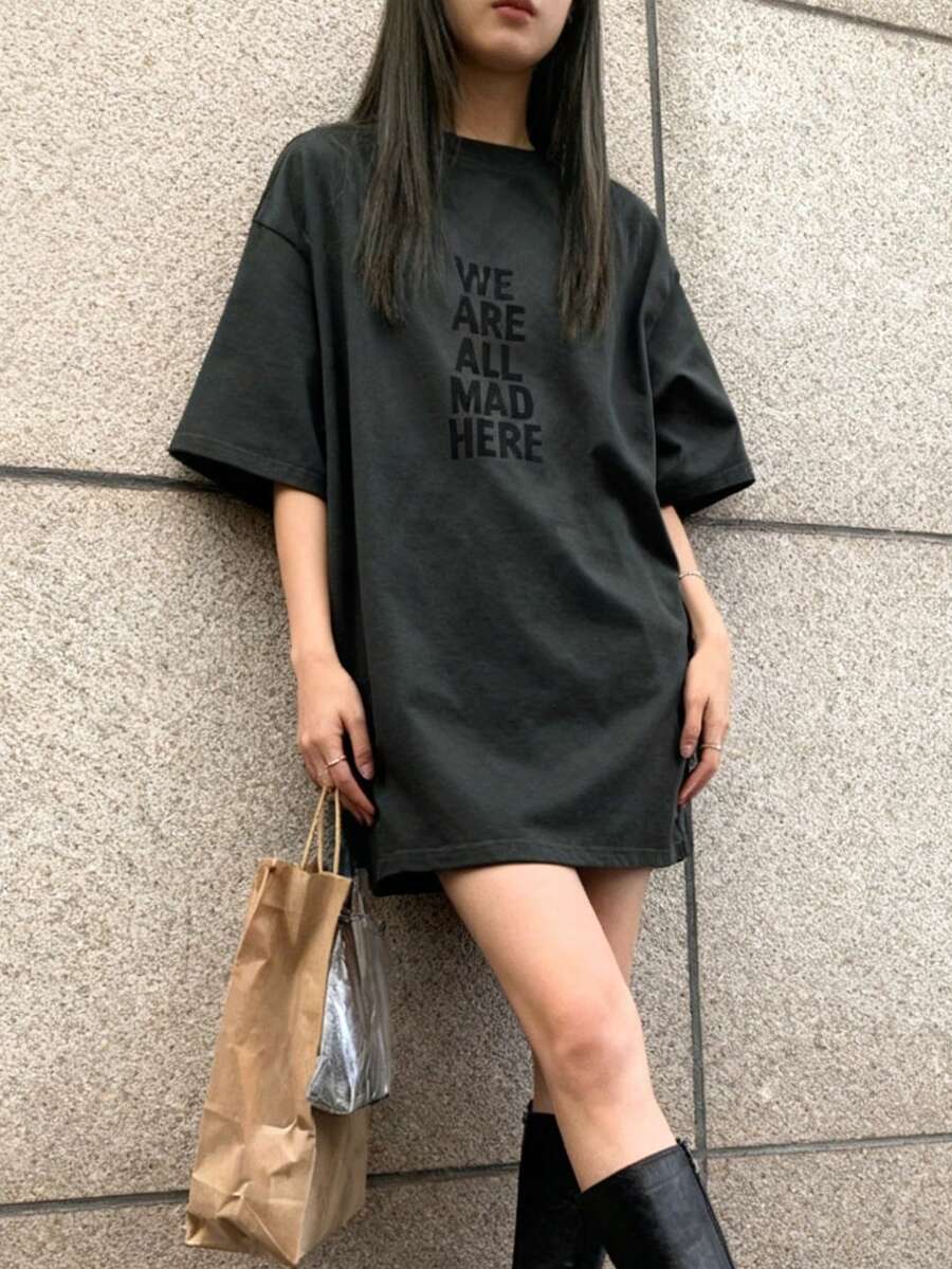 Ambience Letter Print Long T-Shirt, Suitable For Everyday Wear