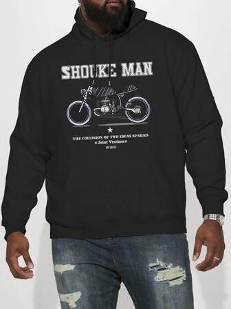 1 st. svart herrtröja i plusstorlek, vintage streetstyle-tryck, fleecefodrad, tjock för höst/vinter