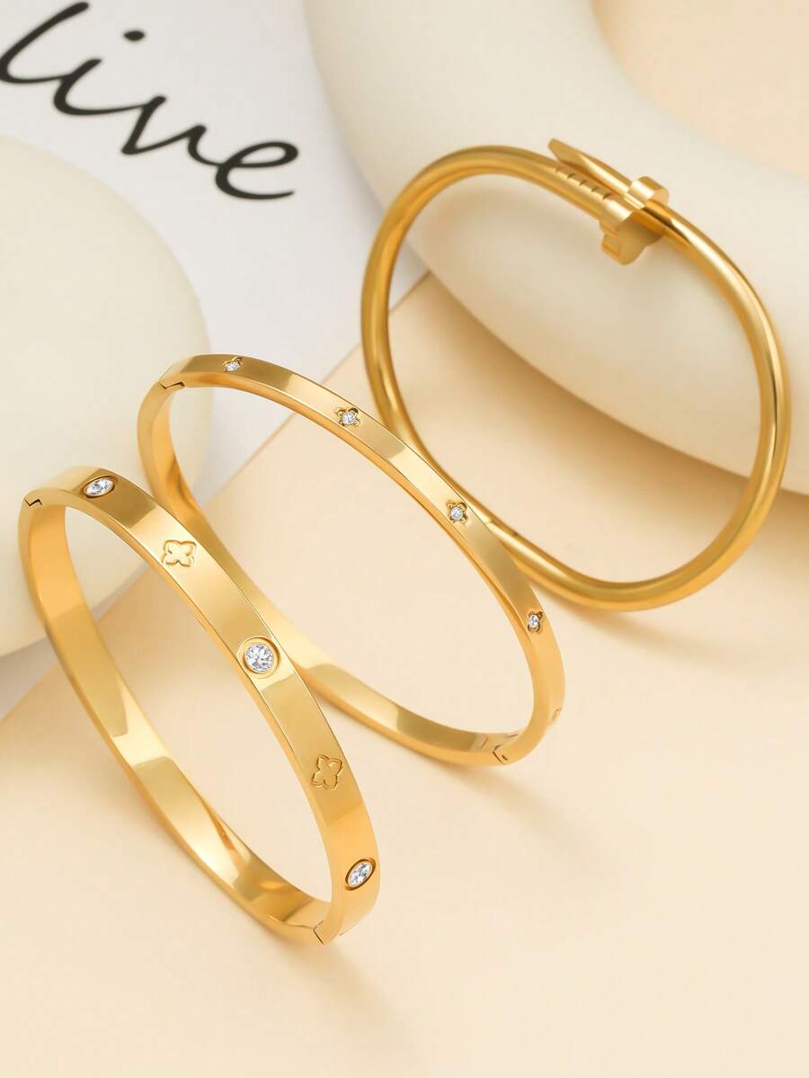 Luxury Stainless Steel Zirconia Bracelet & Bangle Set, High-End Sparkling Zirconia Jewelry Set, Versatile Daily Wear For Women - Gold - View 1