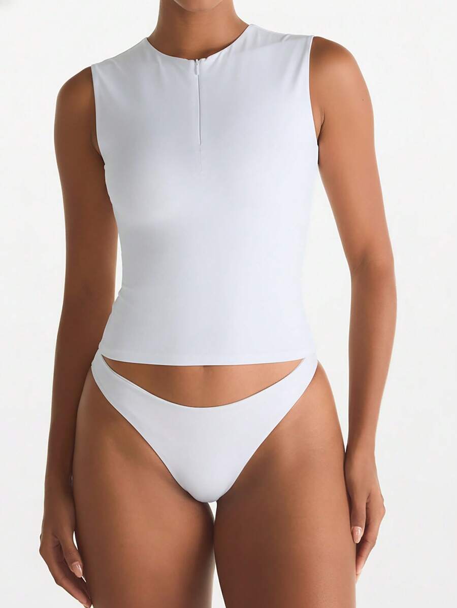 XLLAIS 夏季拉链领无袖基础款白色背心双层弹力紧身运动T恤 - 白色 - 查看 1