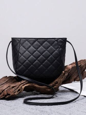 Casual Minimalist Bucket Bag, Rhombus Pattern Large Capacity Affordable Crossbody Bag, Solid Color Commuter Shoulder Bag For Women