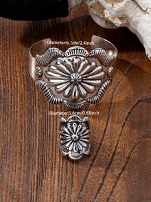 2 Pcs Western Concho Cuff Bracelet Ring Set , Engraved Western Floral Metal Bangle Rings Set , Bohemia Boho Western Jewelry - Engraved Metal Bracelet and Ring Set - View 3