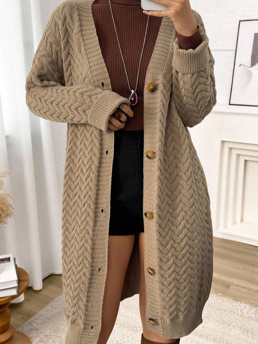 大码女式休闲纯色针织开衫，冬季 - 卡其色 - 查看 1