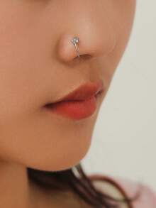 Nooxian 1pc Copper Zirconia Pentagram Nose Ring, 2-In-1 Nose Ring With Zirconia Snowflake Nose Piercing Accessory - Silver - View 9