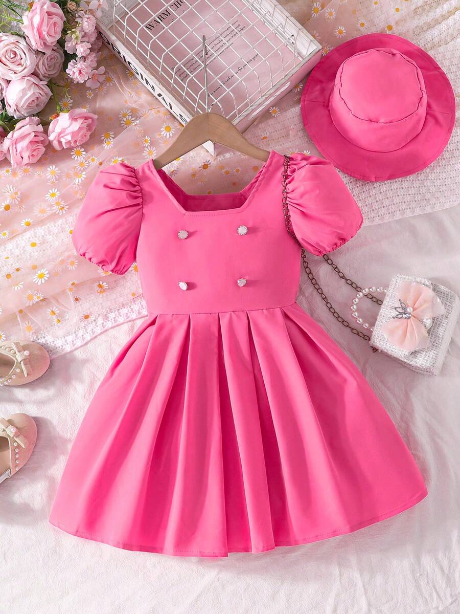 Summer Girls Cute Sweet Square Neck Puff Sleeve Dress With Hat - Hot Pink - View 1
