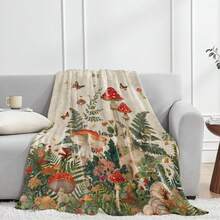 Vintage Mushroom Forest Flannel Blanket,Botanical Throw With Butterfly,Fern And Snail,Woodland Design,Lightweight Fleece Blankets For Nature Lover,Couch,Cabin,Bed,Camping Decor Gifts,60x50in - 白色 - 查看 2
