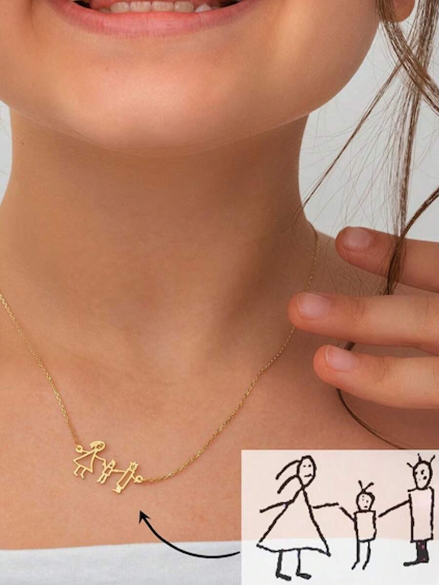 1pc Customized Minimalist Line Drawing Stainless Steel Memorial Necklace - Gold Painting Necklace - View 1