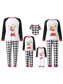 Family Matching Christmas Pajamas, Dog Clothes/Baby Romper/Elk Print Long Sleeve Tops + Plaid Print Pants Set - 黑與白 - 查看 1