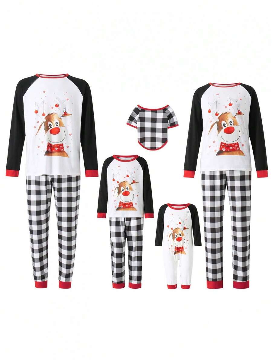 Family Matching Christmas Pajamas, Dog Clothes/Baby Romper/Elk Print Long Sleeve Tops + Plaid Print Pants Set - 黑與白 - 查看 1