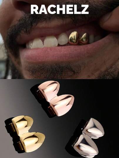 RACHELZ Vintage Double Smooth Surface Teeth Grillz Fangs Hip Hop Glossy Tooth Caps For Women Men Jewelry Halloween Christmas Cosplay Gift Daily Dental Grills