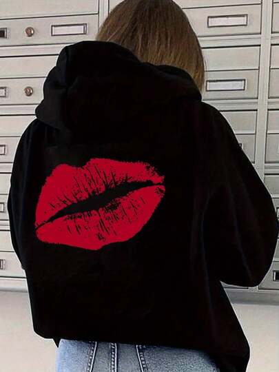 Lip Print, Kiss Mark Printed Hoodie, Drawstring Casual Hooded Sweatshirt, Suitable For Winter And Autumn, Women's Clothing