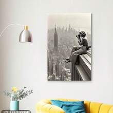Framed Black & White Vintage Photography Canvas Wall Art | Minimalist Modern Decor, NYC Skyline Poster With Woman Taking Photos, High-Quality Ink Print For Living Room, Bedroom - 彩色 - 查看 4