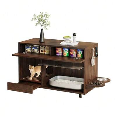 Mobil kattlåda (katttoalett) – med skålar, kattlåda, håltavla med krokar, utan kattlåda, 100 * 45,5 * 67 cm, valnötsfärgad