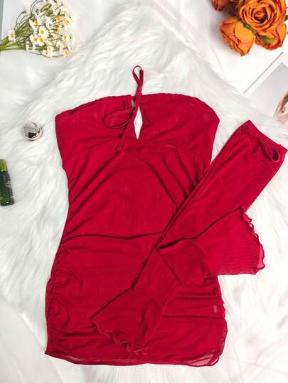 2pcs Women Long Sleeve Dress Set, Sexy V-Neck Bodycon Wrap Dress With High Waist Flared Hem, 1 Set Flare Sleeve Lingerie...Sexy Lingerie