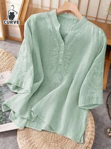 Plus Size Casual Loose Women Top With Embroidery Decoration, Suitable For Spring/Summer - Mint Green - View 1