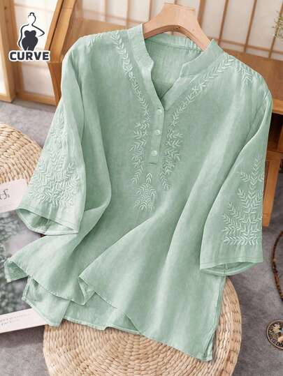 Plus Size Casual Loose Women Top With Embroidery Decoration, Suitable For Spring/Summer