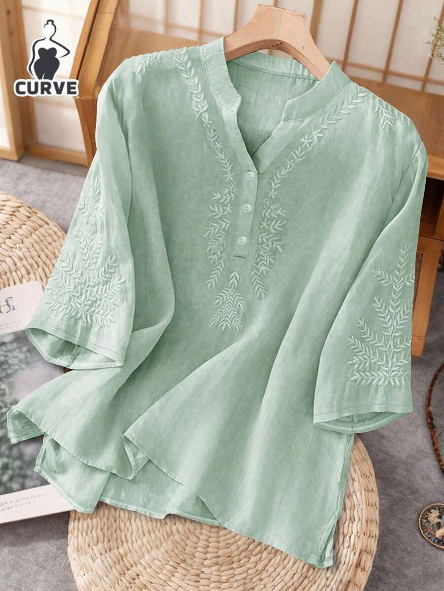 Plus Size Casual Loose Women Top With Embroidery Decoration, Suitable For Spring/Summer - Mint Green - View 1