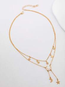 1pc Versatile Double-Layer Tassel Star & Moon Necklace, Lightweight & Luxurious, Fashionable & Unique, Niche Design, Choker Necklace - Double-layered Star and Moon Tassel Necklace - View 4