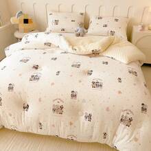 1pc Cartoon Print Knitted Fabric & Velvet Pom-Pom Comforter, Quilted Duvet, All Season Down Alternative Bedding, With Corner Ties, Warm & Soft Quilting Technique, Suitable For Bedroom, Guest Room