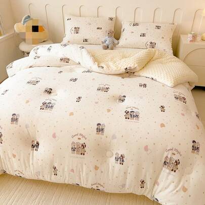 1pc Cartoon Print Knitted Fabric & Velvet Pom-Pom Comforter, Quilted Duvet, All Season Down Alternative Bedding, With Corner Ties, Warm & Soft Quilting Technique, Suitable For Bedroom, Guest Room