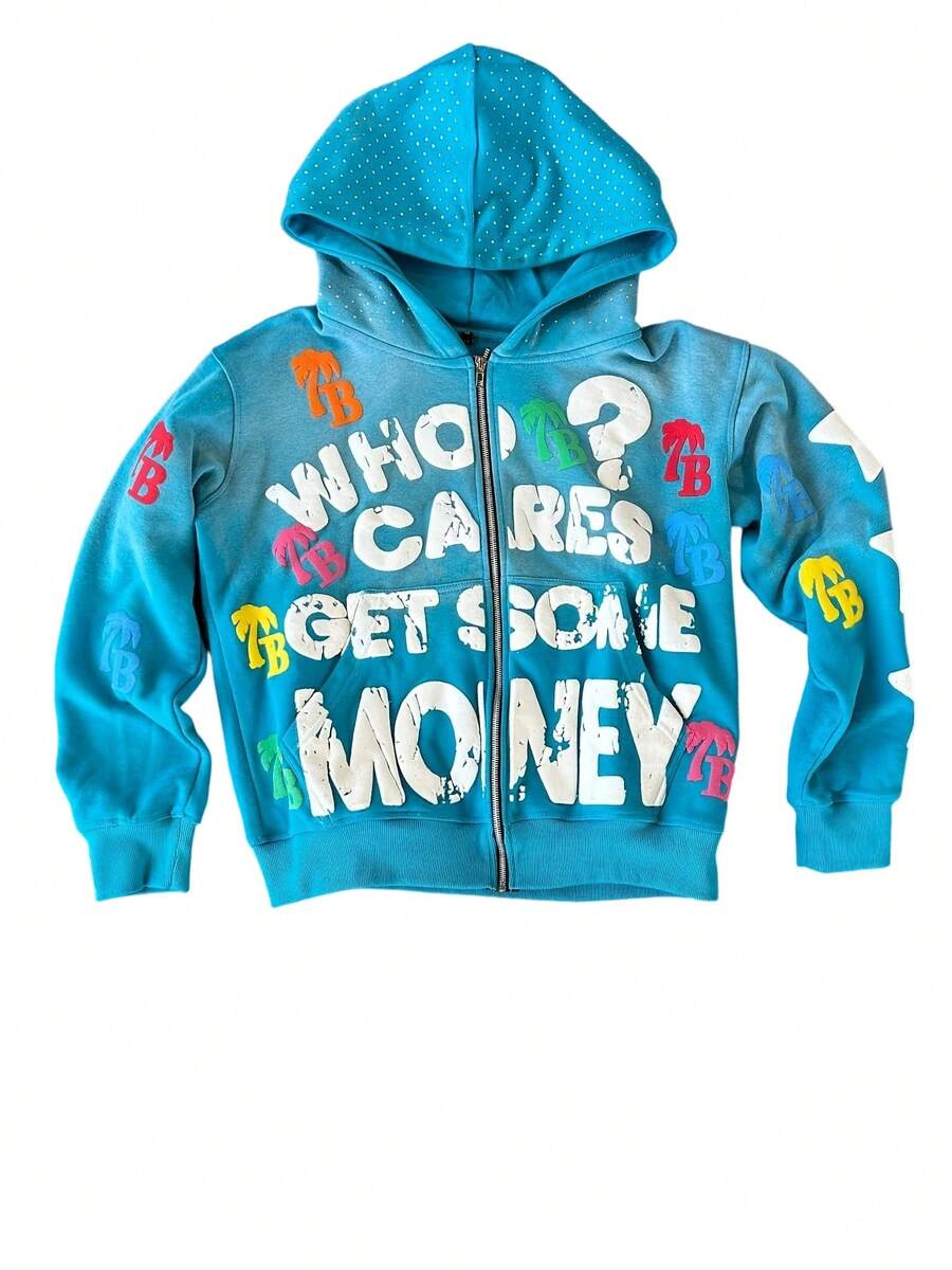 Y2K Zip Up Hoodie With Bold Who Cares Get Some Moneygraphic And Colorful Palm Logo Prints Streetwearjacket - Màu xanh lam - Xem 1