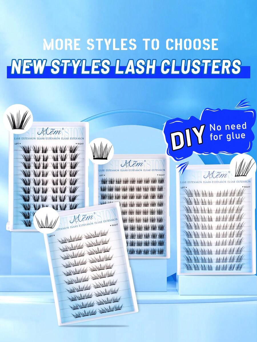 MEM 60/80/90pcs Self-Adhesive Fluffy False Eyelash Clusters, 11-13mm Mixed Length Set, No Glue Needed, Fluffy Self-Adhesive DIY Eyelash Extension, Pre-Glued Eyelash Clusters, Natural Lengthening C-Curl False Eyelash Clusters, No Glue Needed, No Need To Remove False Eyelashes, False Eyelash Clusters, False Eyelashes, Individual False Eyelashes, Fake Eyelashes - 黑色 - 查看 1