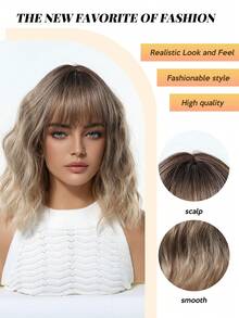 神秘气质渐变短波波头，中小卷发，带刘海，12英寸耐热合成假发，适合派对、日常、音乐节、聚会和庆典等场合。 - 漸層 - 查看 3