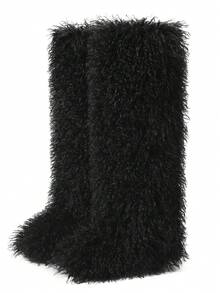 Women's Winter Furry Snow Boots Fuzzy Fluffy Round Toe Suede Booties Flat Heel Slip On Outdoor Indoor Shoes Fashion Warm Fluffy Shoes - 黑色長管 - 查看 10