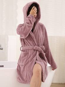 1 pièce Peignoir court sexy pour femme avec poches, capuche épaisse, doux et absorbant, de couleur unie avec ceinture à nouer à la taille - Rose cuivré - Voir 9