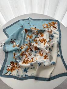 1件装女士优雅/复古时尚印花轻薄仿丝围巾/缎面方巾，可作头巾、颈巾、披肩。 - 藍白花 - 查看 4