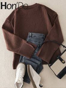 Jersey de punto acanalado sólido Hon'Do 2026, blusa de mujer, de moda casual y cómoda, de longitud regular, ligeramente elástico, de manga larga, adecuado para Navidad/Acción de Gracias/Días festivos/Oficina/Diario/Citas y viajes, también una opción ideal para el otoño/invierno de las mujeres