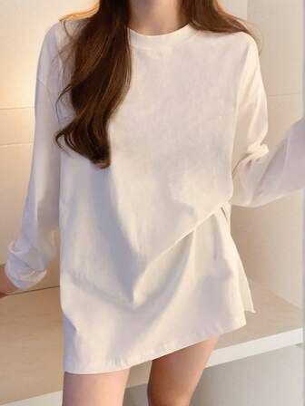 娇小女士休闲圆领纯色百搭简约宽松棉质长袖 T 恤上衣