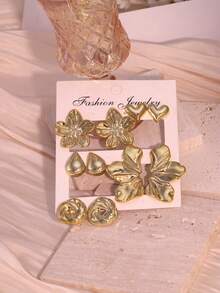 10pcs Fashion Metal Flower, Teardrop, Heart Stud Earrings Set, Suitable For Daily, Party And Special Occasions, Versatile For All Year Round, Lightweight And Comfortable Hoop And Stud, Fashionable Accessory, Item - الذهبي - مشاهدة 4
