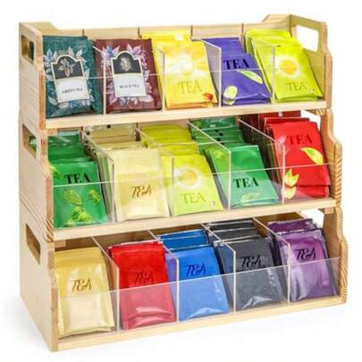 YSTea Bag Organizer 3 Tier Large Stackable Tea Station Storage Box With 15 Compartments Wooden Teabag Holder Sugar Packets Chest With Acrylic Divider For Kitchen Countertop Cabinet Pantry