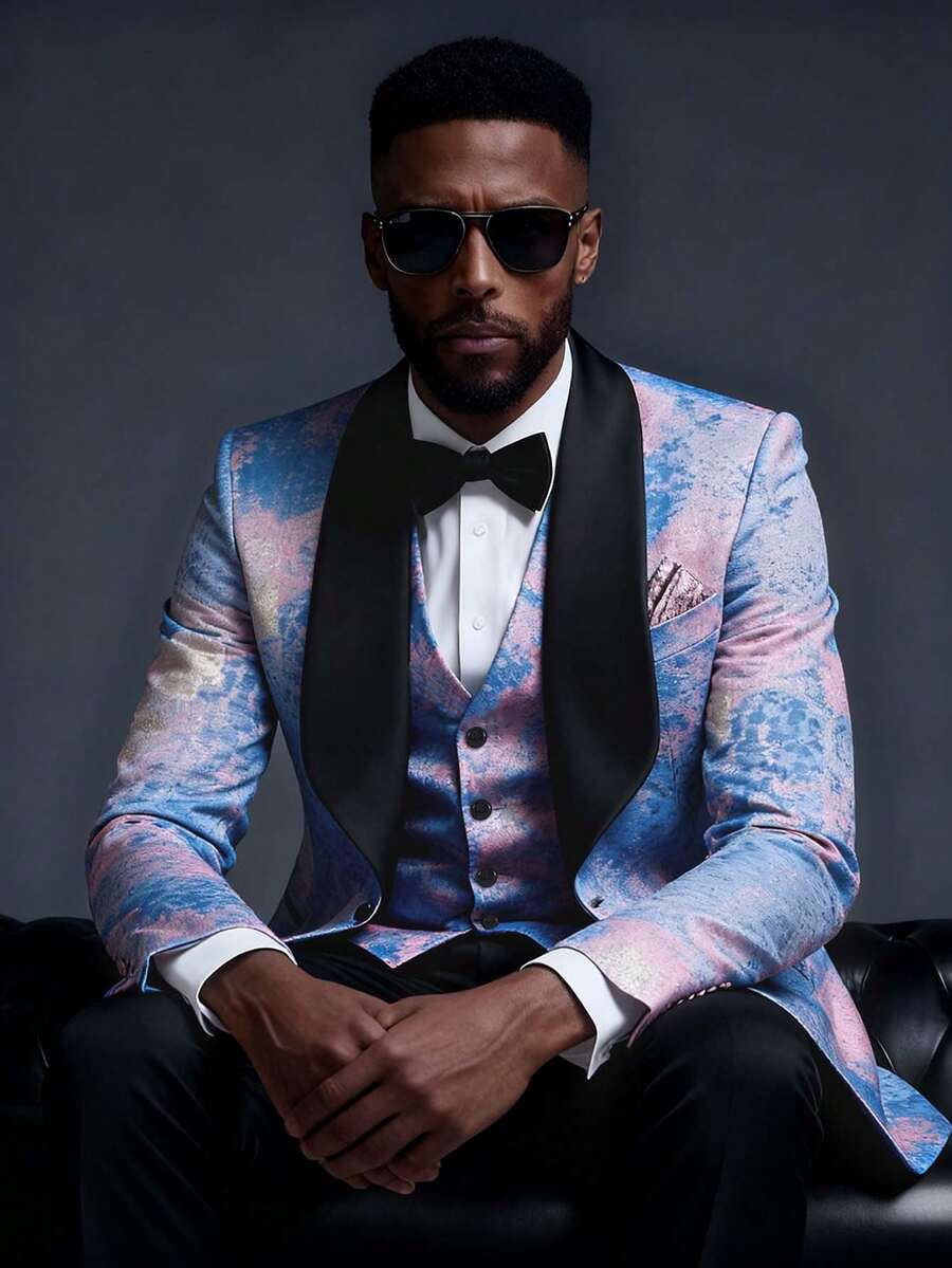 Mens Suits 3 Piece Graffiti Suit Single Breasted One Button Jackets Formal Dress Party Prom Tuxedo Suits Blazer Set - Màu Hồng baby - Xem 1