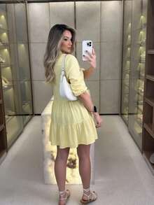 Women's Striped Midi Dress With Shirt Collar And Bishop Sleeves, Casual, With Buttons, Asymmetrical Hem, Summer And Beach. - 黃色 - 查看 4