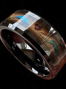 优雅的流沙黑色不锈钢戒指，带有闪亮的蓝色和金色装饰 - 适合周年纪念、求婚和婚礼，男女通用，四季设计，多功能戒指 | 优雅的戒指设计 | 耐用的结婚戒指 - 彩色 - 查看 10